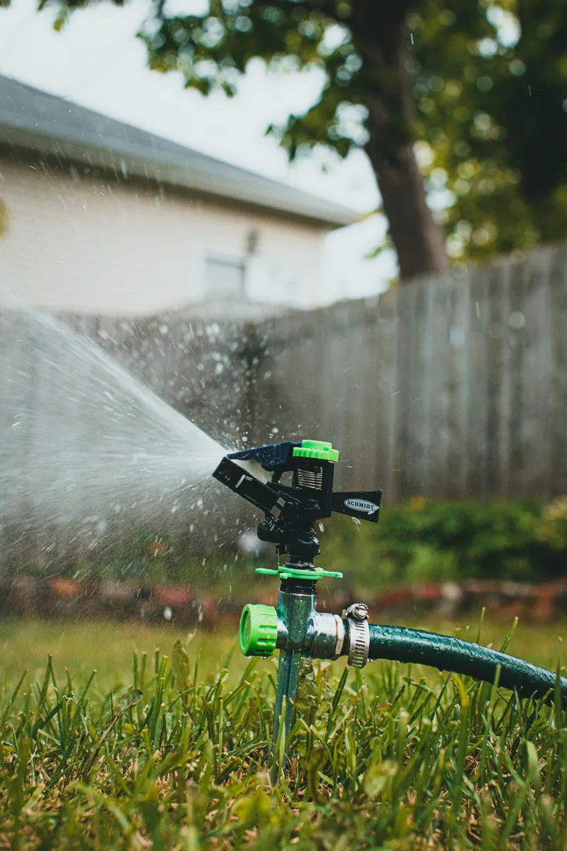 Sprinkler running in a back yard