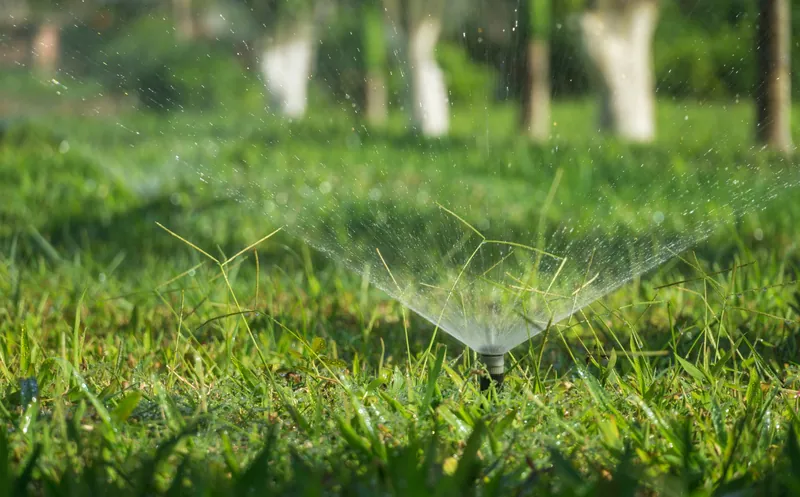 A sprinkler running across healthy green turf