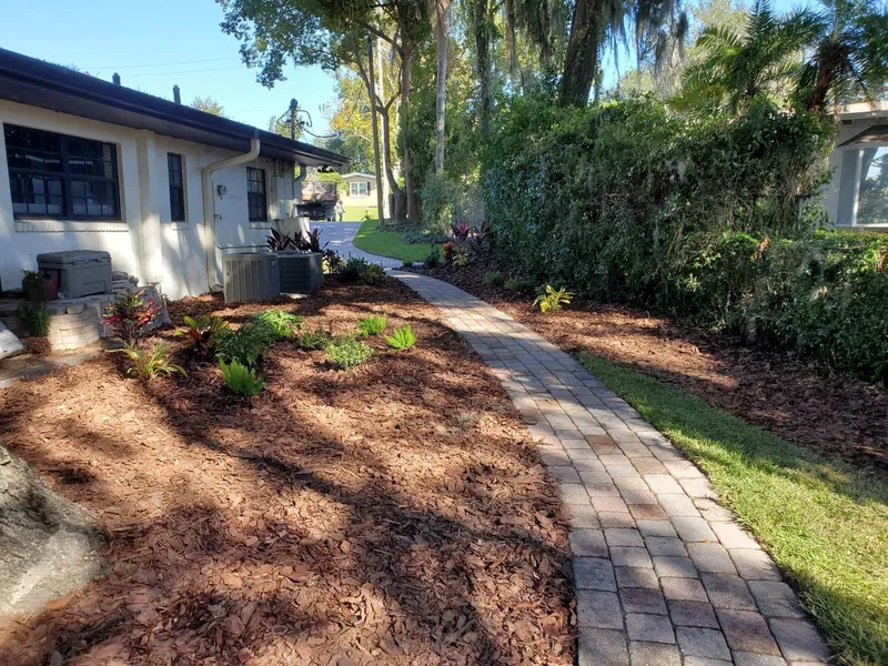 A paver walkway curving through freshly mulched planting beds