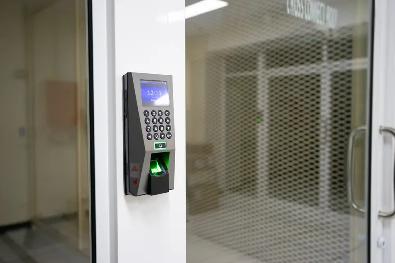 An access control terminal beside a glass office door