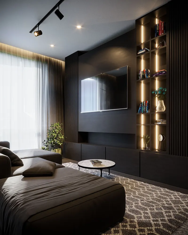 A dark, quietly lit living room at night — the room the system exists to protect
