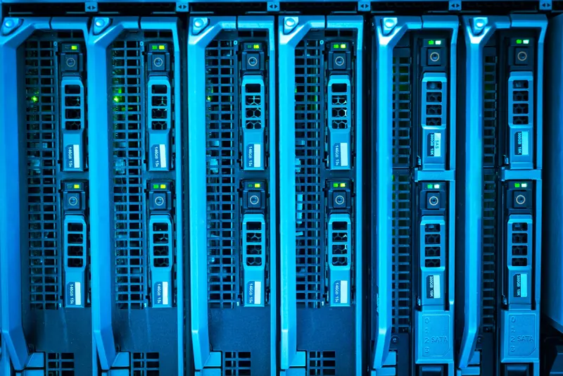 Recording equipment racked and lit blue